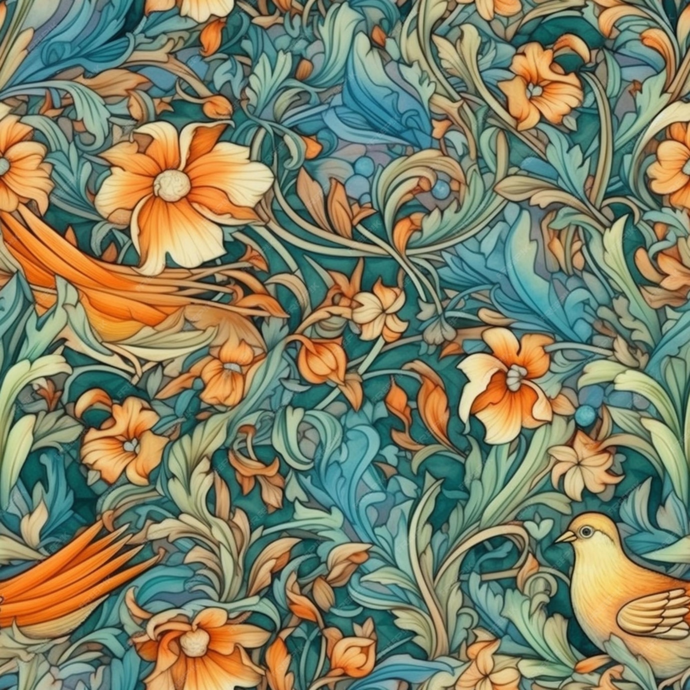نمای نزدیک از یک پرنده و گل در پس زمینه آبی مولد ai- دانلود رایگان - پترن پارچه و لباس  