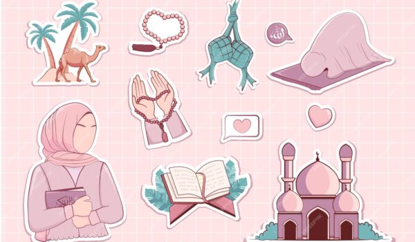 مجموعه برچسب دختر مسلمان در حال نماز و سایر عناصر مسلمان اسلامی نقاشی شده با دست - عکس و وکتور