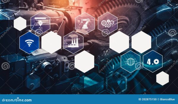 مفهوم فناوری Industry 4.0 - کارخانه هوشمند برای چهارمین انقلاب صنعتی با آیکون گرافیکی نشان دهنده سیستم اتوماسیون با استفاده از ربات ها و ماشین آلات خودکار کنترل شده از طریق شبکه اینترنت- عکس و وکتور 