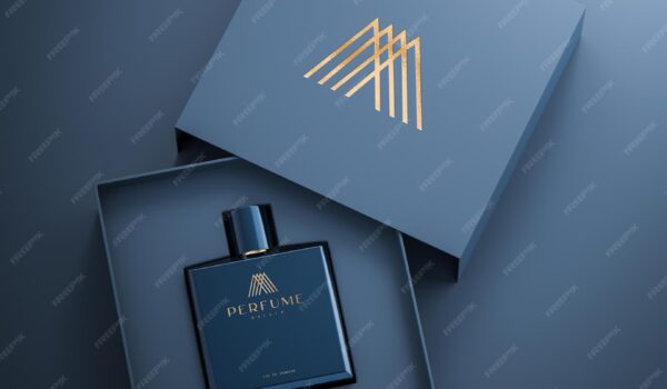 ماکت لوگوی بطری عطر و جعبه عطر لوکس نیروی دریایی در پس زمینه انتزاعی نیروی دریایی رندر سه بعدی- دانلود رایگان - عکس و وکتور 