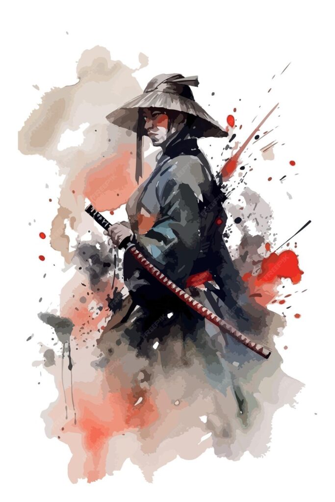 پوستر سامورایی با سرباز فانتزی حماسی کاتانا نقاشی آبرنگ جنگجو ژاپنی با ماسک- دانلود رایگان - عکس و وکتور