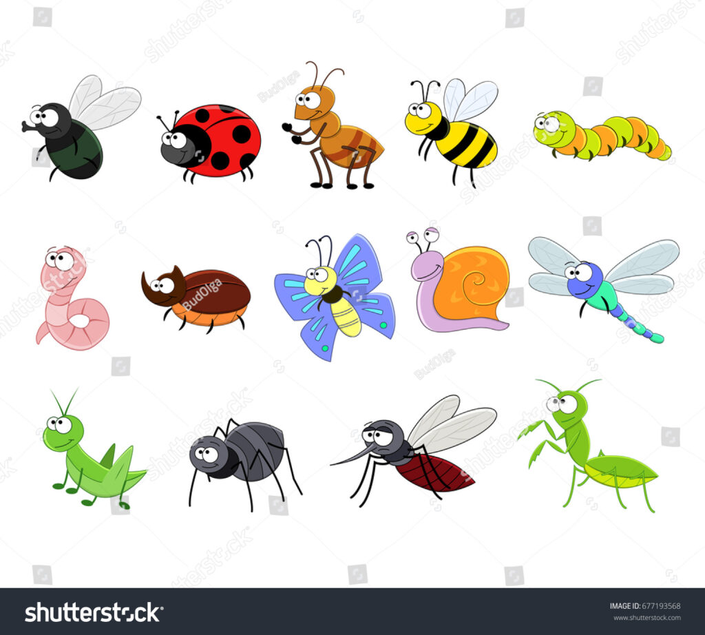 مجموعه بزرگی از حشرات کارتونی خنده دار. حشرات ناقل. زنبور عسل، کرم، حلزون. پروانه، کاترپیلار، عنکبوت، پشه، کفشدوزک، سنجاقک، مگس، سوسک کرگدن، مورچه. حشرات کمیک- عکس و وکتور