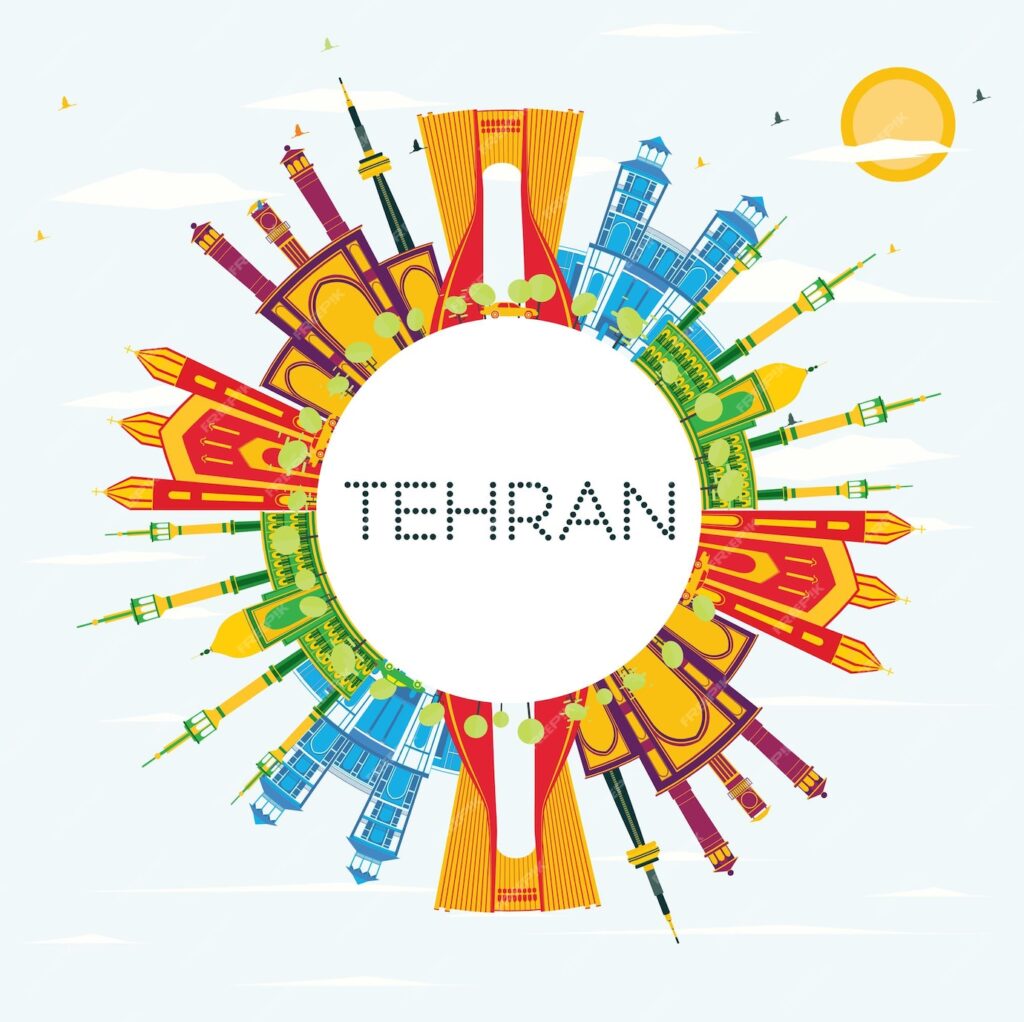 خط افق تهران با نشانه های رنگی، آسمان آبی و فضای کپی. تصویر برداری مفهوم سفر کاری و گردشگری با ساختمان های تاریخی منظره شهر تهران با مکان های دیدنی- دانلود رایگان - عکس و وکتور