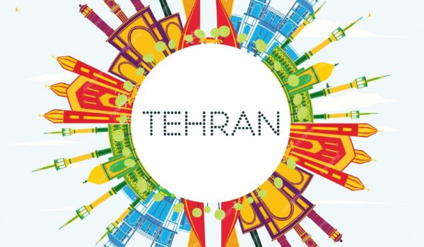خط افق تهران با نشانه های رنگی، آسمان آبی و فضای کپی. تصویر برداری مفهوم سفر کاری و گردشگری با ساختمان های تاریخی منظره شهر تهران با مکان های دیدنی- دانلود رایگان - عکس و وکتور