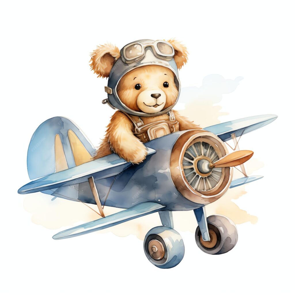 خرس آبرنگ ناز که در تصویر هواپیما در حال پرواز است- دانلود رایگان - عکس و وکتور 