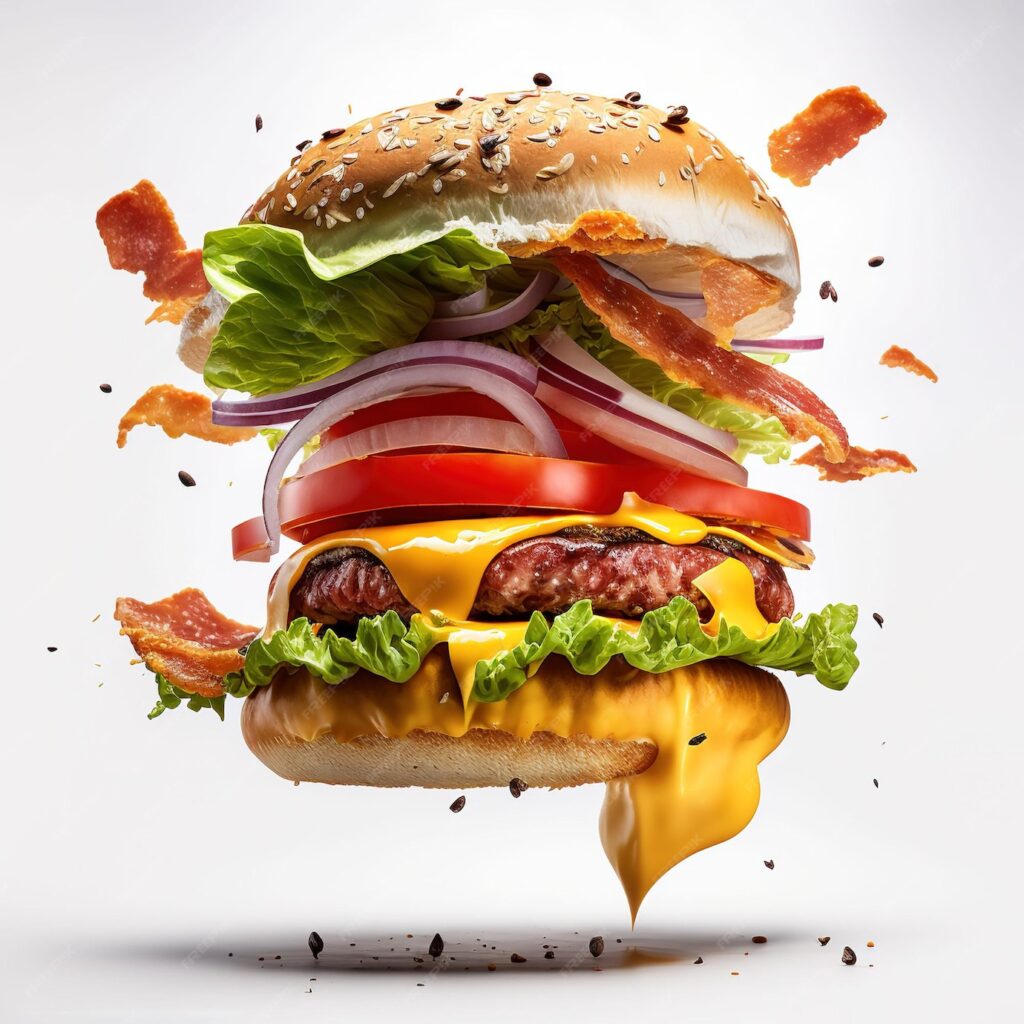 تبلیغات غذای چیزبرگر آمریکایی شناور در زمینه سفید- دانلود رایگان -عکس و وکتور 