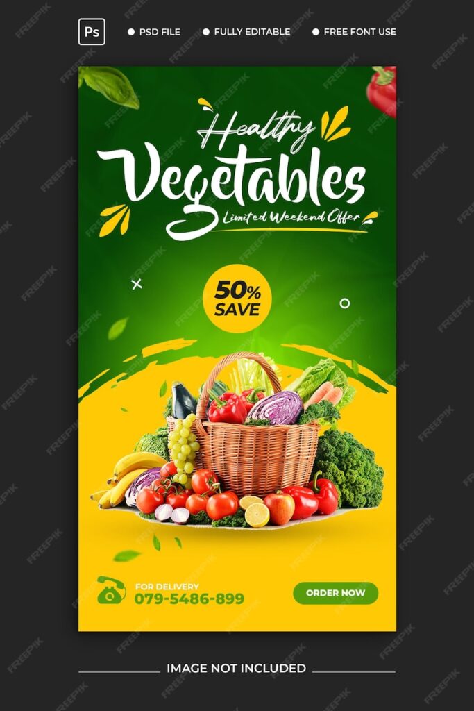 قالب پی اس دی استوری اینستاگرام و فیسبوک برای تبلیغ دستور غذای سبزیجات سالم- دانلود رایگان -قالب