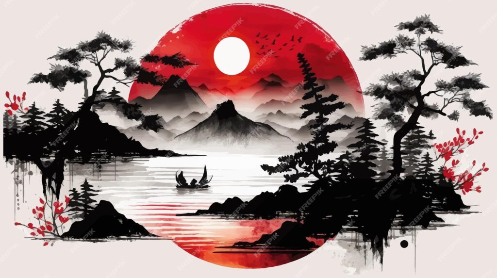 نقاشی جوهری از منظره صبح با خورشید قرمز بزرگ در تصویر برداری سنتی شرقی مینیمالیستی به سبک ژاپنی - دانلود رایگان -عکس و وکتور 