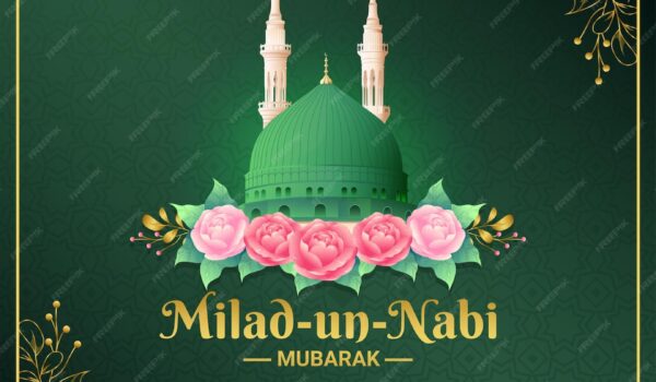 زمینه سبز میلاد اون نبی با گنبد سبز مسجد نبوی و گل آرایی- دانلود رایگان - عکس و وکتور