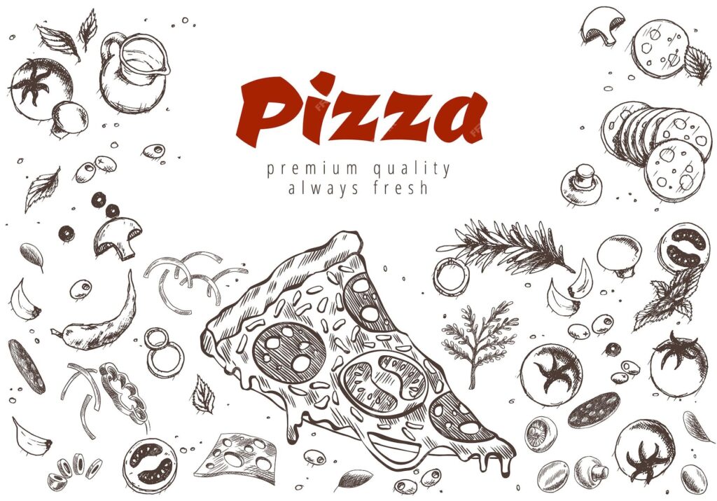 بنر خط پیتزا حکاکی شده به سبک ابله پس زمینه پیتزای خوش طعم، بنر وکتور خوشمزه برای کافه رستوران یا سرویس تحویل غذا- دانلود رایگان - عکس و وکتور