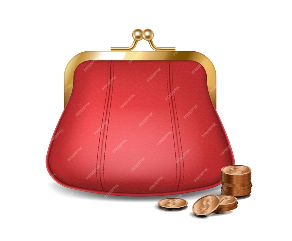 کیف پول قرمز واقعی با سکه های طلایی برای ذخیره پول. کیف پول یا قبض چرمی زنانه شیک- دانلود رایگان -عکس و وکتور 
