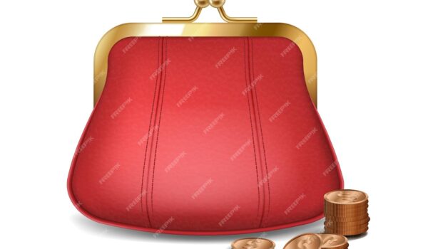 کیف پول قرمز واقعی با سکه های طلایی برای ذخیره پول. کیف پول یا قبض چرمی زنانه شیک- دانلود رایگان -عکس و وکتور 