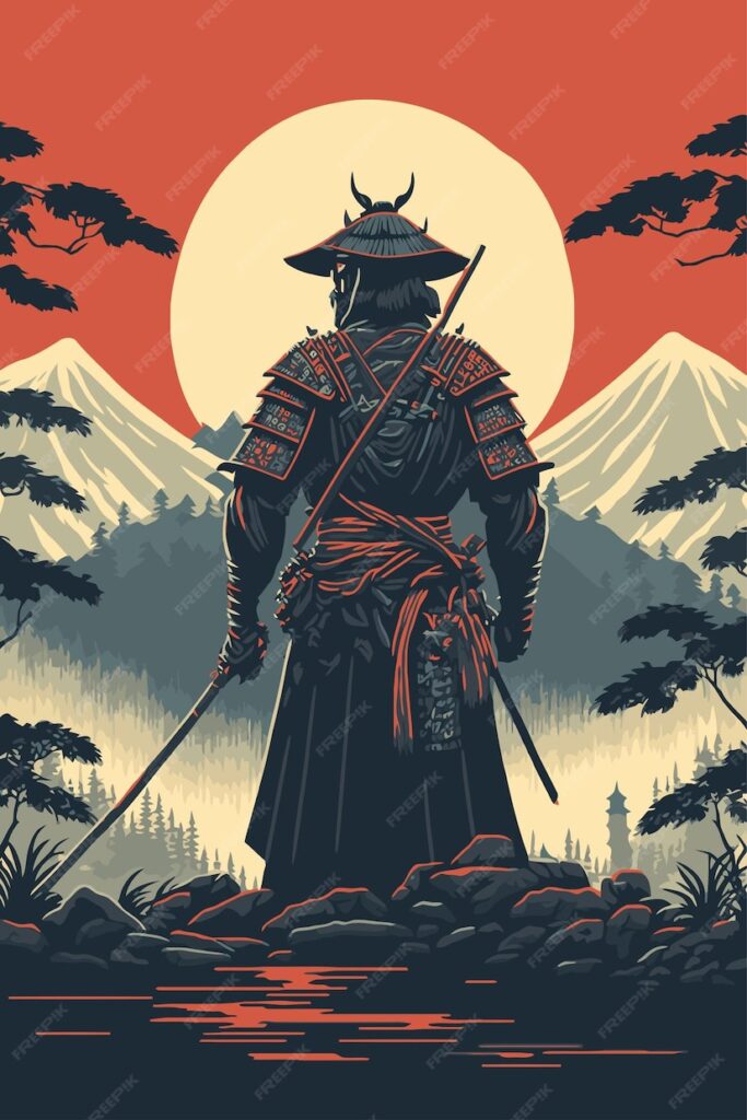 سیلوئت جنگجوی سامورایی ژاپنی با شمشیر ایستاده بر روی چاپ هنری غروب آفتاب- دانلود رایگان -عکس و وکتور 
