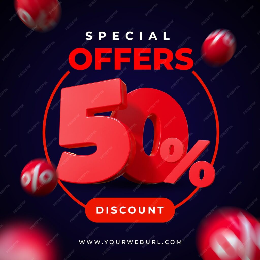 بنر فروش رندر سه بعدی پیشنهاد ویژه 50 درصد تخفیف- دانلود رایگان - عکس و وکتور
