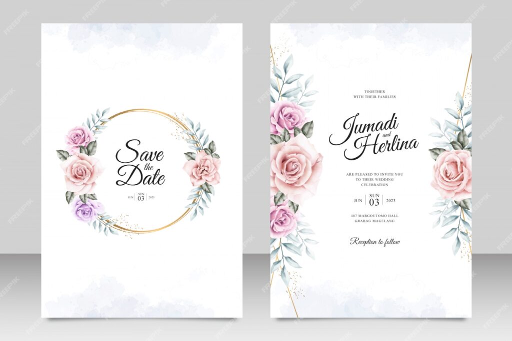 قالب کارت دعوت عروسی با قاب طلایی آبرنگ گل- دانلود رایگان -کارت عروسی