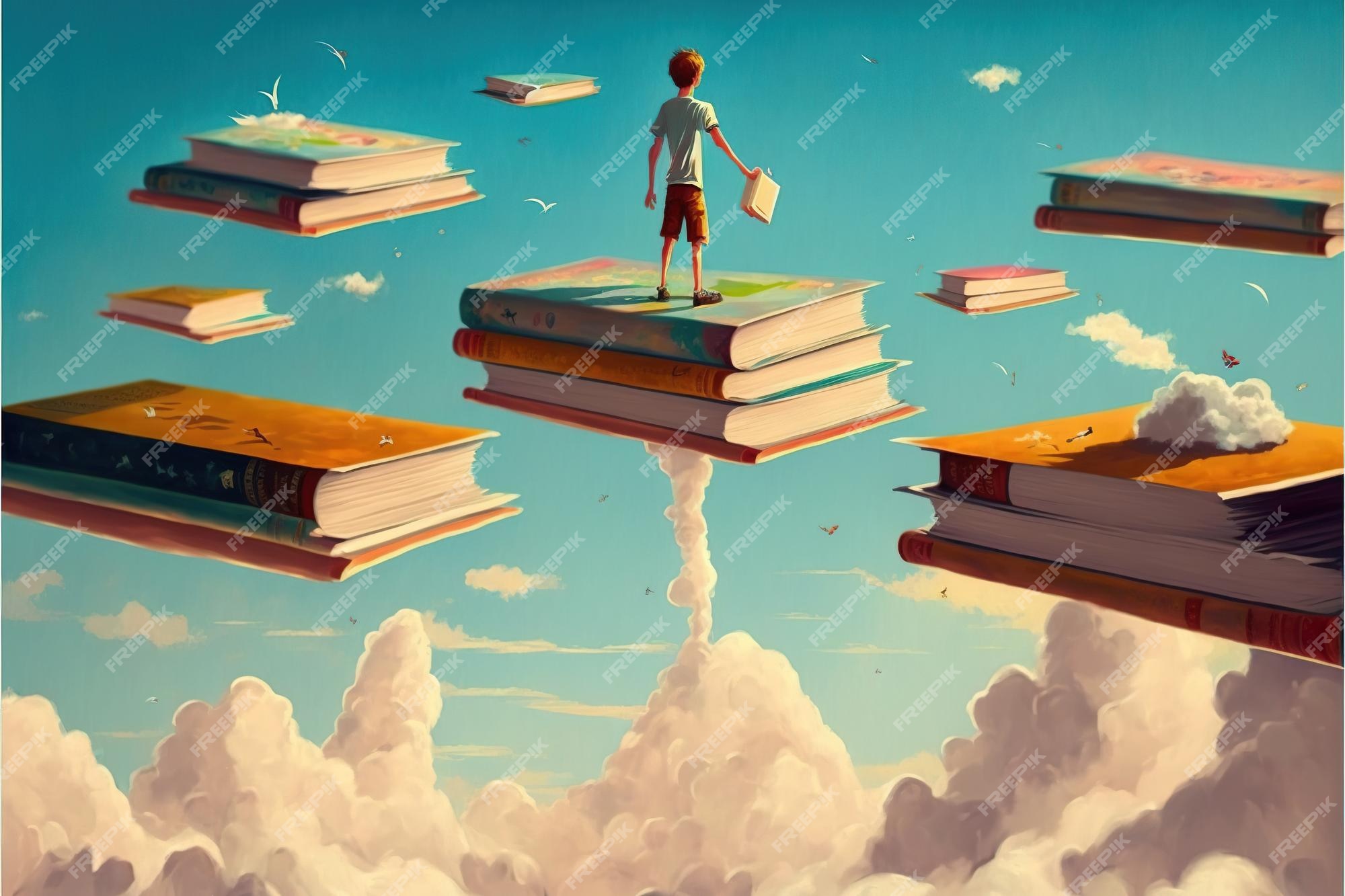 کودک روی پسر کتاب جادویی که روی کتاب باز شده ایستاده و به کتاب‌های دیگر شناور در هوا نگاه می‌کند، نقاشی تصویرگری به سبک هنر دیجیتال- دانلود رایگان -عکس و وکتور