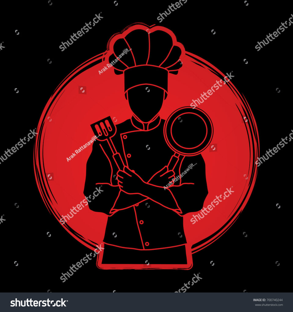 آشپز آشپز ایستاده با بازوهای ضربدری با ماهیتابه و کفگیر طراحی شده بر روی وکتور گرافیکی پس زمینه نور خورشید- عکس و وکتور