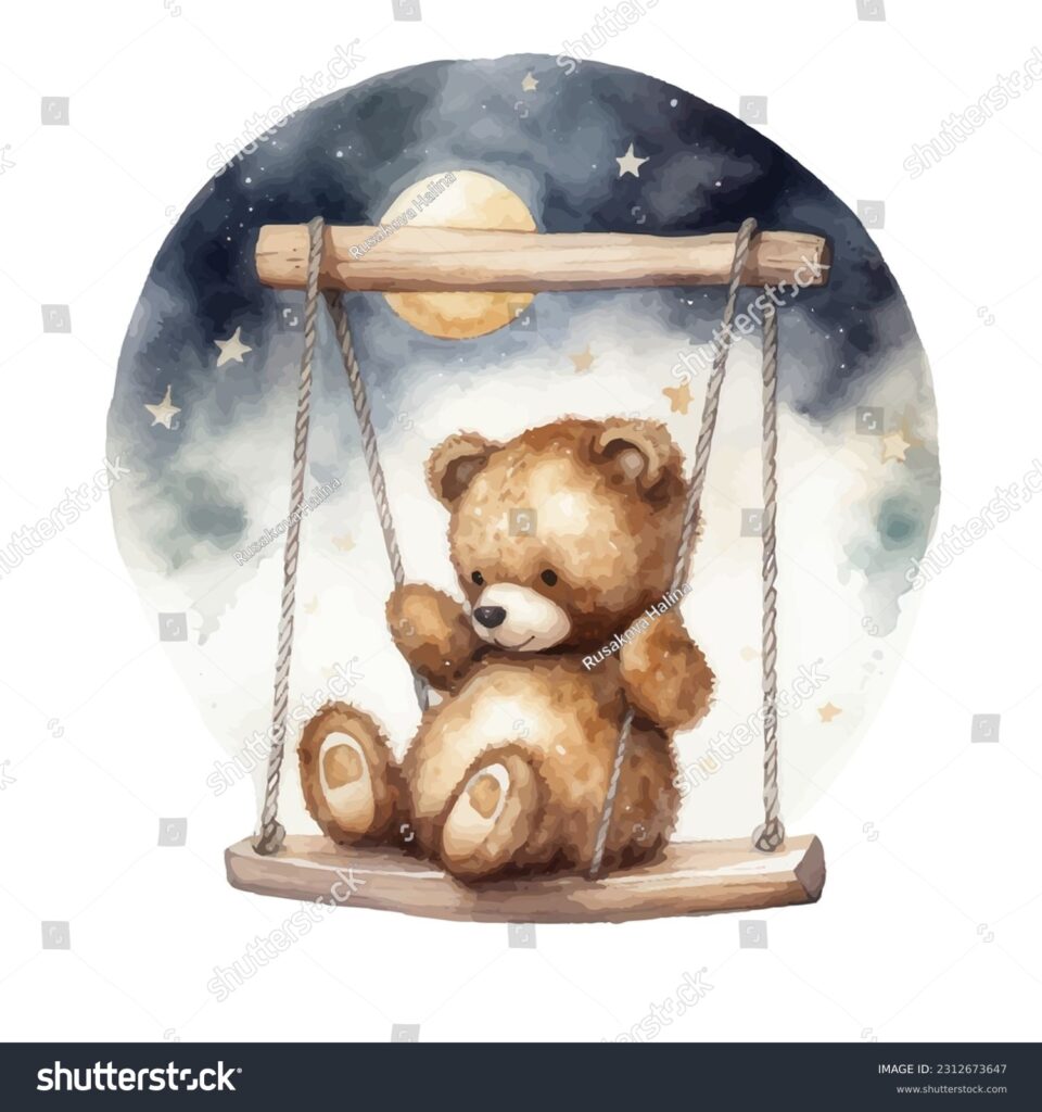 خرس عروسکی ناز در حال تاب خوردن روی تاب روی ستاره. نقاشی دستی با آبرنگ. می توان برای پوسترهای کودکان یا حمام نوزاد استفاده کرد- عکس و وکتور