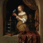 نقاشی Caspar Netscher - A Woman Feeding a Parrot with a Page