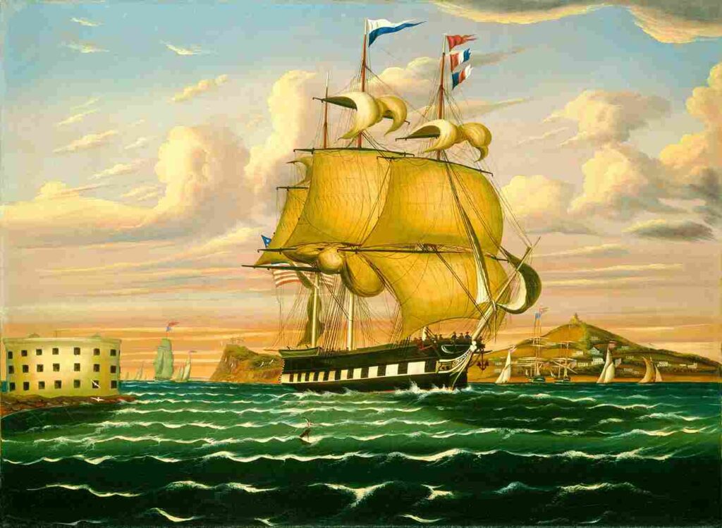 نقاشیhomas Chambers Packet Ship Passing Castle Williams NewYork